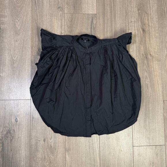 Madewell Poplin Shirred Button-Up Shirt Sz S Black Ruffle Cap Sleeve Rounded Hem - Picture 4 of 8